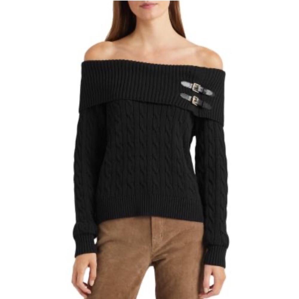 Y2K 90s Black Womens XL Off the Shoulder Cable Knit Sweater Buckle Detail Heavy